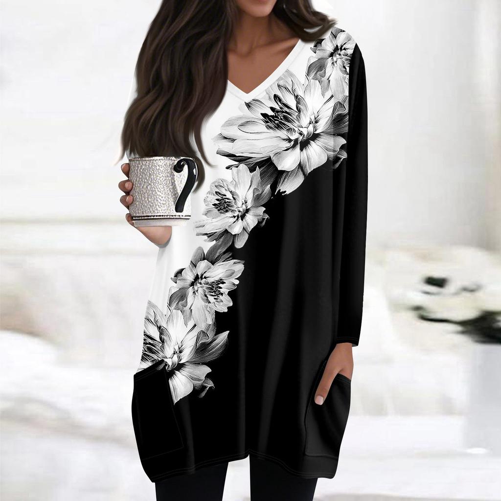 Damen Oberteile V-Ausschnitt Langarm Blusen Lässige Mittellange Hemden Mode Druck Tunika Oberteile Mit Taschen