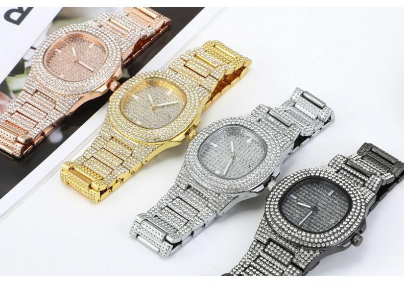 Luxury Unisex Full Diamond Steel Band Quartz Wristwatch with Calendar