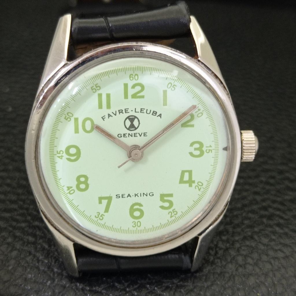 HAND-WINDING VINTAGE FAVRE LEUBA SEA KING SWISS MENS SIGN CASE WATCH A702024-5 R208-a702024