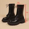 Fashion Fashion Black PU Leather Mid Calf Boots Women Thick Sole Non Slip Combat Boots Woman Autumn Winter Lace Up Platform Botas Mujer