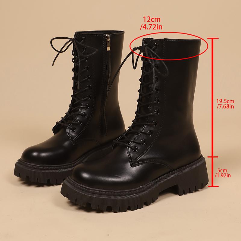 Fashion Fashion Black PU Leather Mid Calf Boots Women Thick Sole Non Slip Combat Boots Woman Autumn Winter Lace Up Platform Botas Mujer