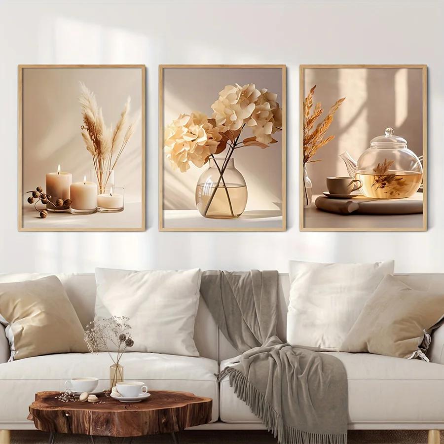 Minimalist Beige Flowers Modern Canvas Painting Modern Scenery Gallery Floral Poster Modern Living Room Bedroom Home Decor