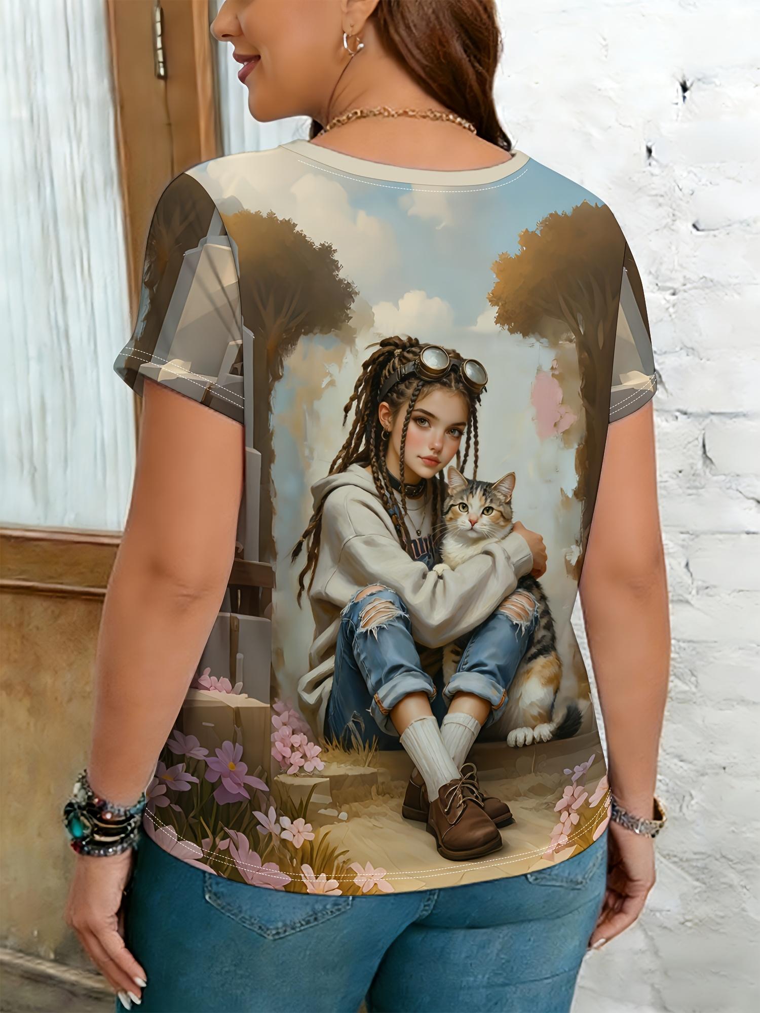 

Plus-size Women s T-shirt with Oil Painting Style Holding a Cat Print. Vintage Artistic Style. Soft and Comfortable Fabric. Machine Washable. Crew Nec 2XL