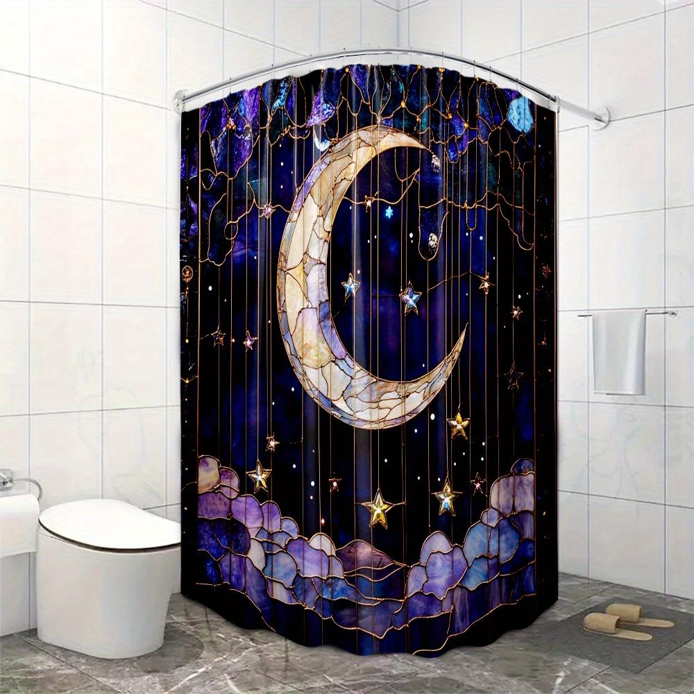 1Pc Moon Stars Night Sky Shower Curtain Dream Space Art Pattern Bathroom Decoration Polyester Fabric Contains 12 Hooks