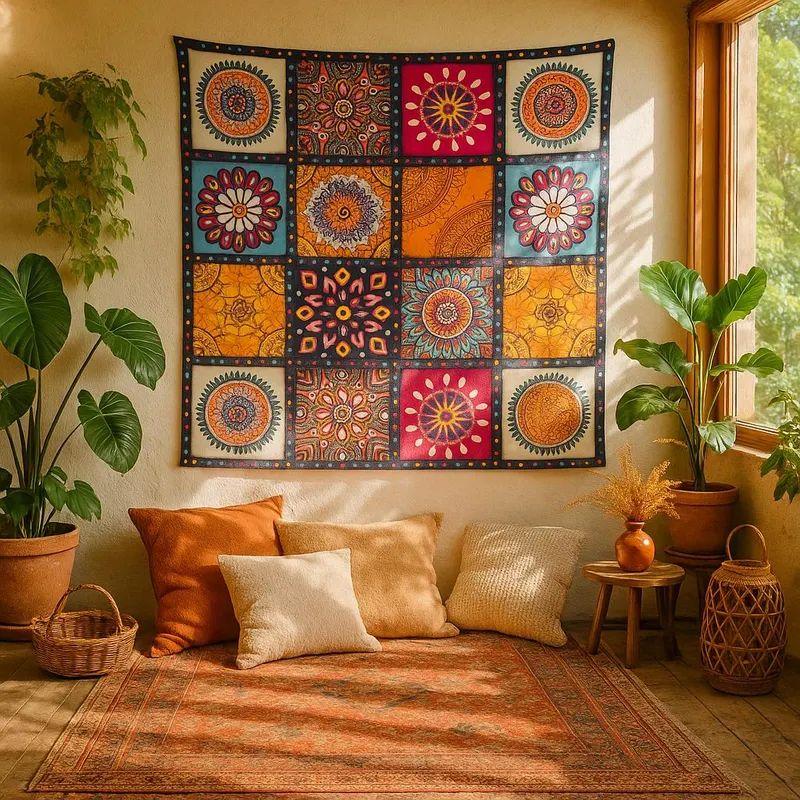 Colorful ethnic boho mandala tile tapestry 75x100