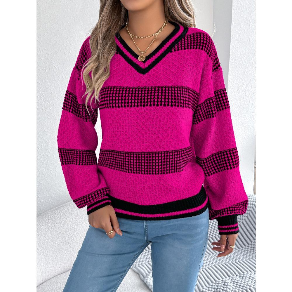 Damen V-Ausschnitt farblich abgesetzter gestreifter Pullover mit Glockenärmeln