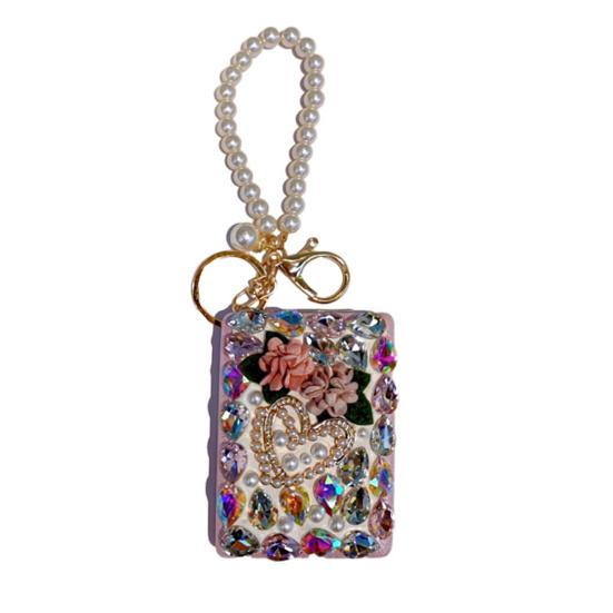 מחזיק מפתחות מראה עם אבני חן Bling מראה איפור מתקפלת תליון למחזיק מפתחות צמיד חרוזים לתיק מפתחות רכב ארנק תיק גב אביזרים