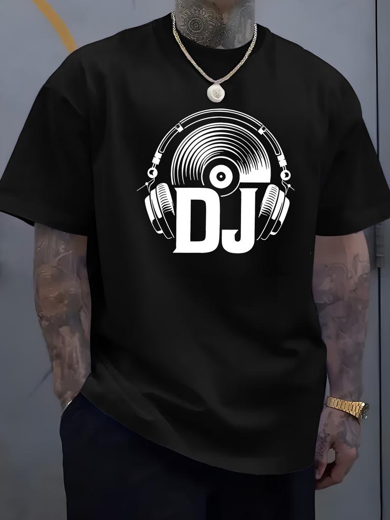 Unisex Black Crew Neck Tee Dj Headphone Vinyl Print Oversized Short Sleeve Unisexs Summer Streetwear Casual Daily Basic Wear Top