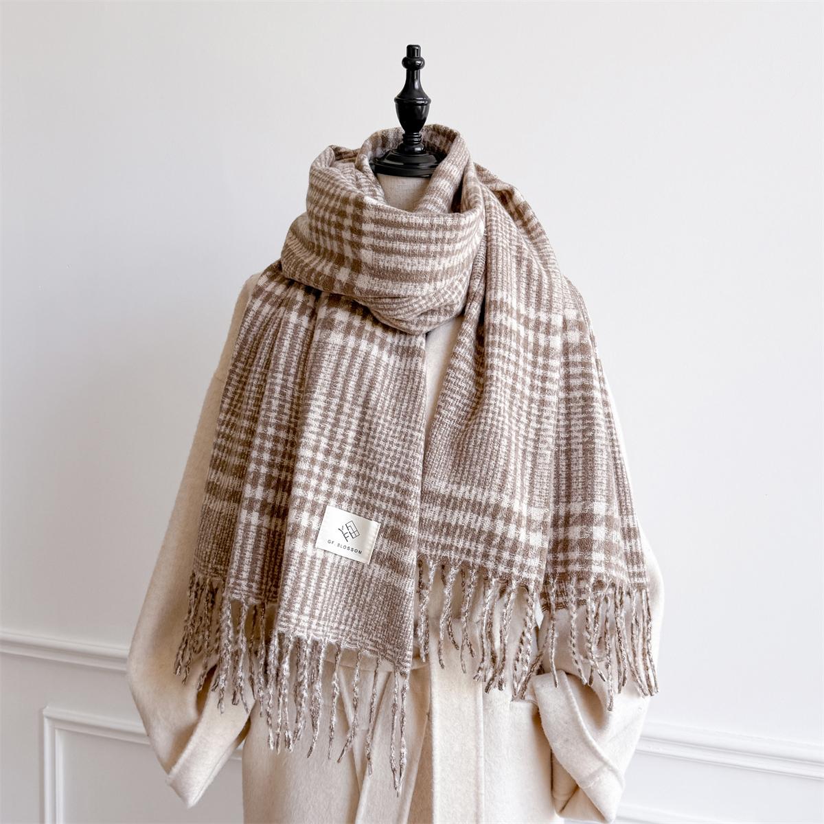 Luxuriöser Kaschmir-Schal für Damen mit Karomuster, warmer Winterschal und -tuch, Bandana, Pashmina, lange Quasten, Foulard, dicke Decke 65x180cm gray