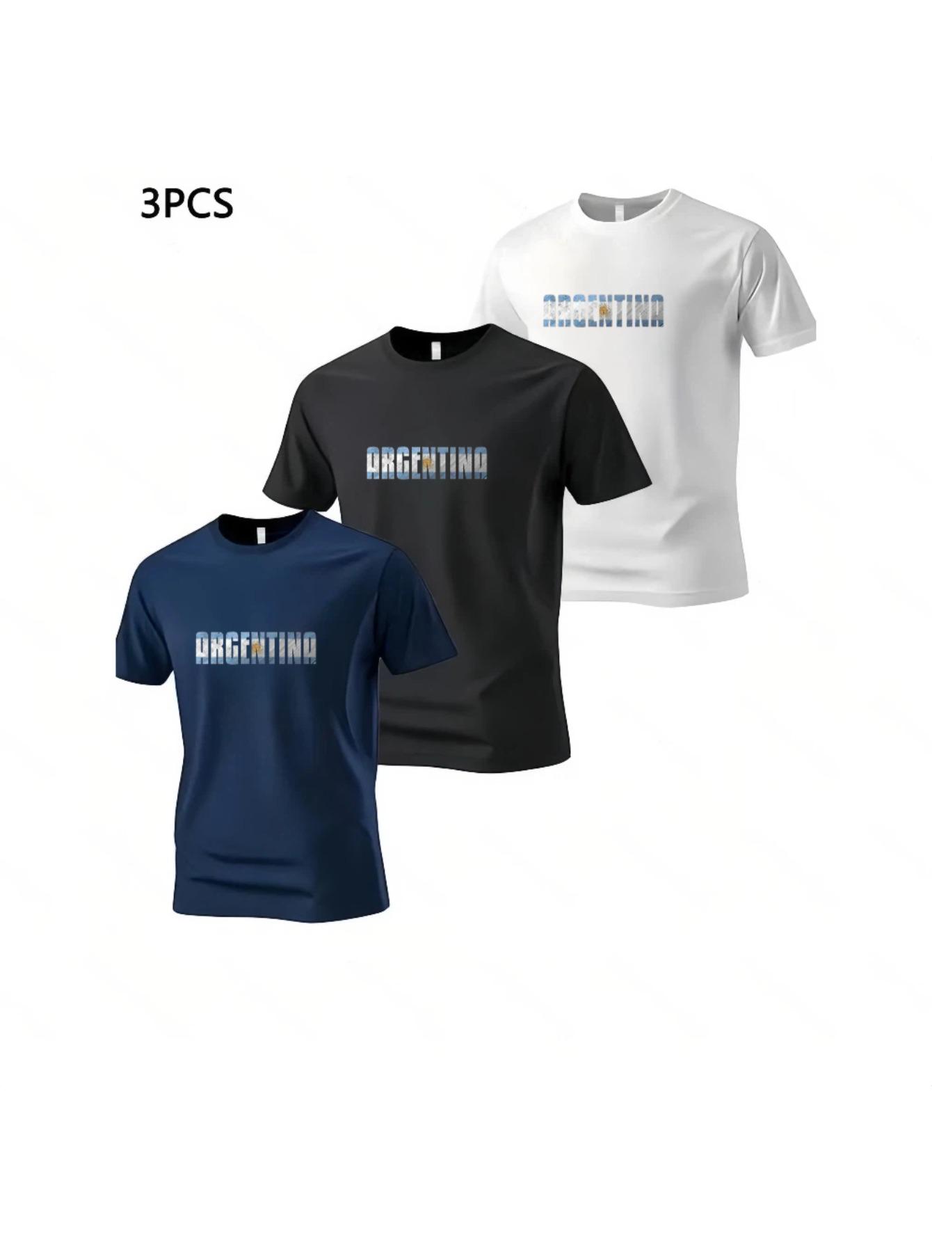 Men S Trendy Three-Piece Set Featuring a T-Shirt with an Argentina-Themed Creative Letter Print XL