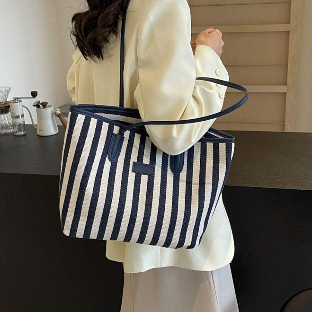 Large Capacity Shoulder Bag Zipper Shopping Handbag Simple Stripe Canvas Tote Bag  Girls