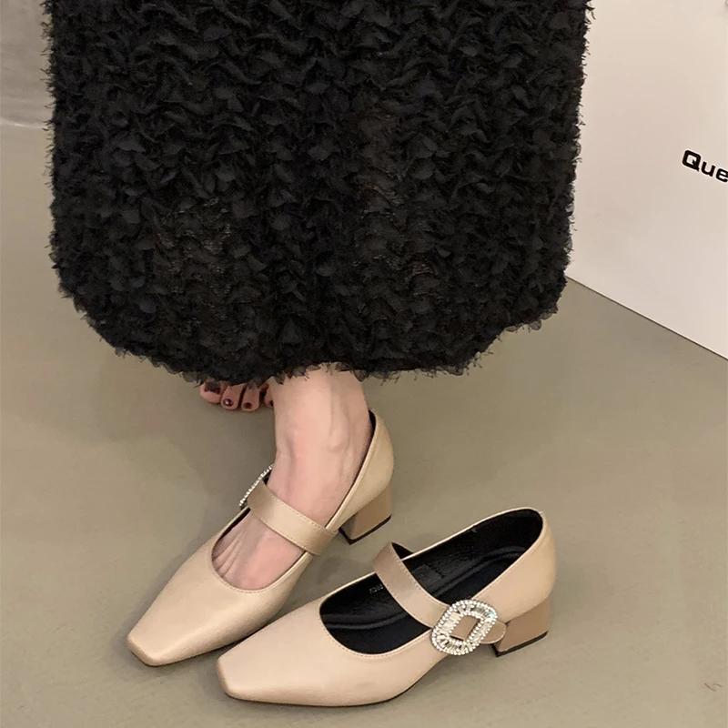 Designer Low Heel Women Mary Jane Shoes Fashion Shallow Crystal Buckle Shoes Ladies Casual Dress Street Style Shoes