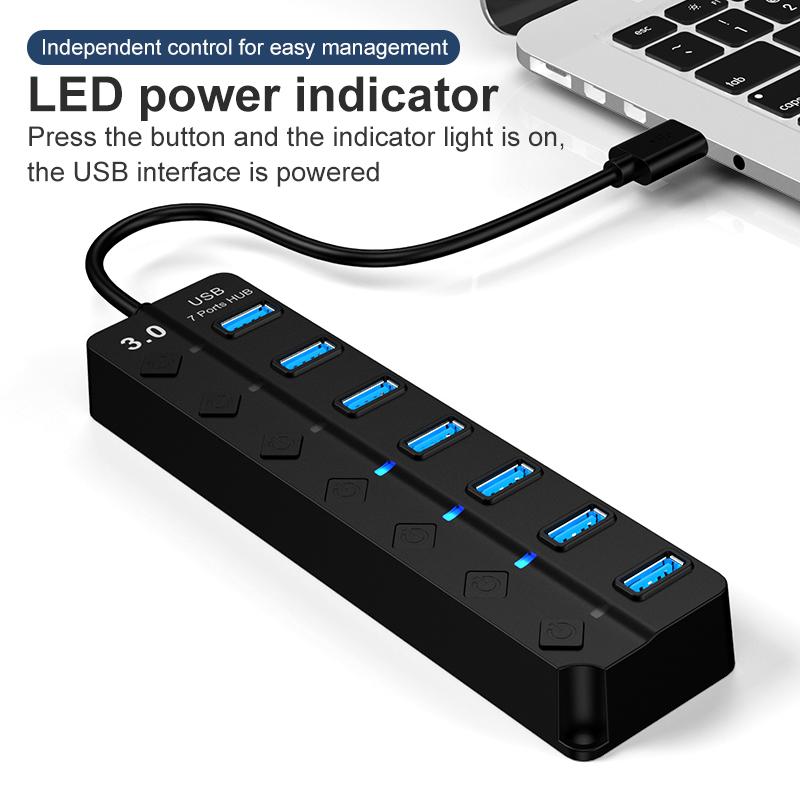 7-Port USB 3.0 Hub 5Gbps High Speed Data Transmission USB Splitter For Laptop
