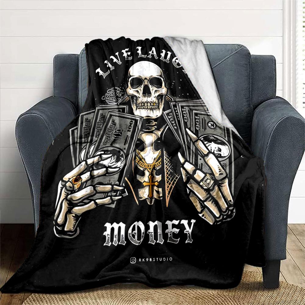 1pc Skull Money Throw Blanket Soft Flannel, Cozy All Season Polyester Perfect for Home, Office