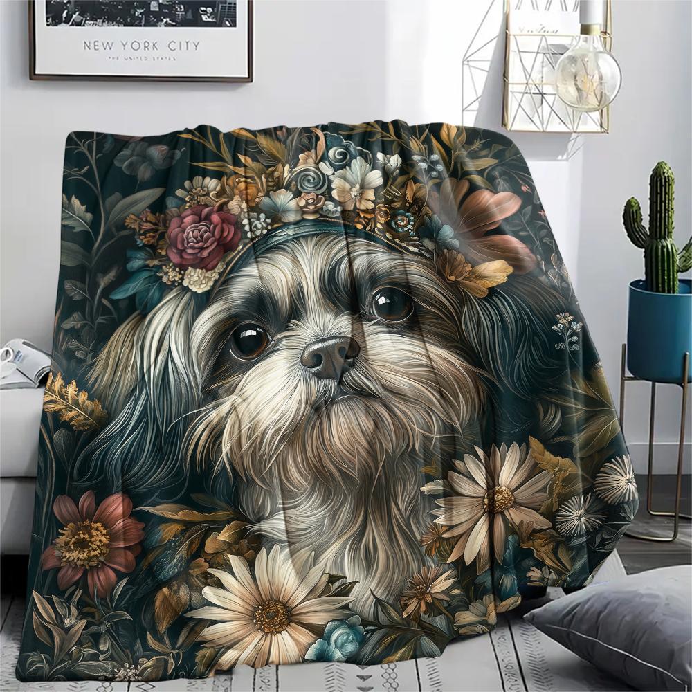 

Vintage Shih Tzu pattern Flannel Blanket, High quality Comfortable for All Seasons, Home Decor, Warmth and Comfort, Perfect for Gifts. 80cm x 120cm
