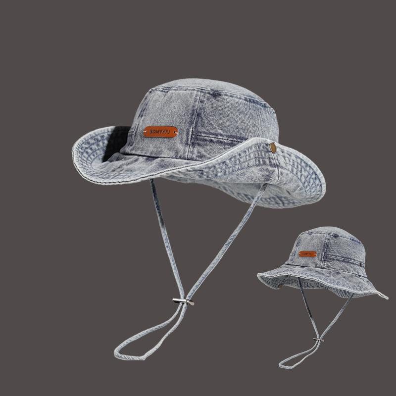 Vintage gewaschener Denim Fischerhut Damen Herren Unisex Breiter Rand Sonnenhut für Outdoor Wandern Strand Western Stil (Hellblau) Sonnenschirm