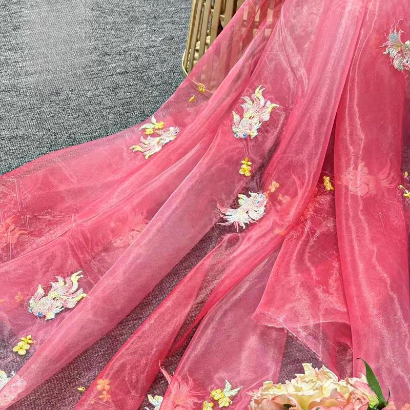 Printing Silk Chiffon Fabric Koi Carp Embroidery Fabric Tulle Handmade DIY Chinese Ancient Hanfu Stage Dance Dress Wedding Decor