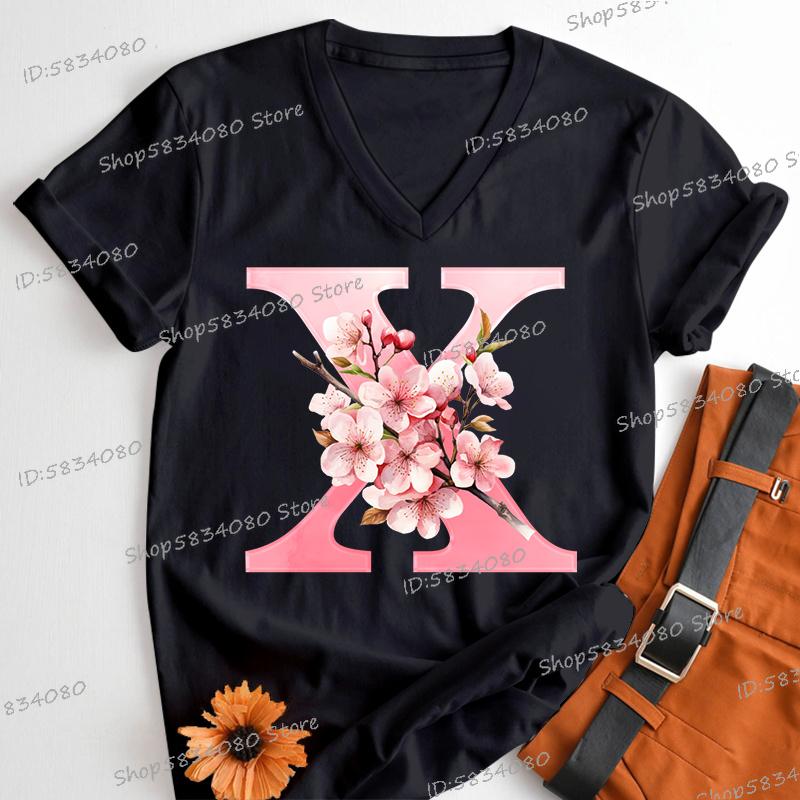 Pink Sakura Alphabet Shirts Gift for Women Letter S Floral Monogram Cartoon Tshirt Cherry Blossom Letters A B C D Casual Tops