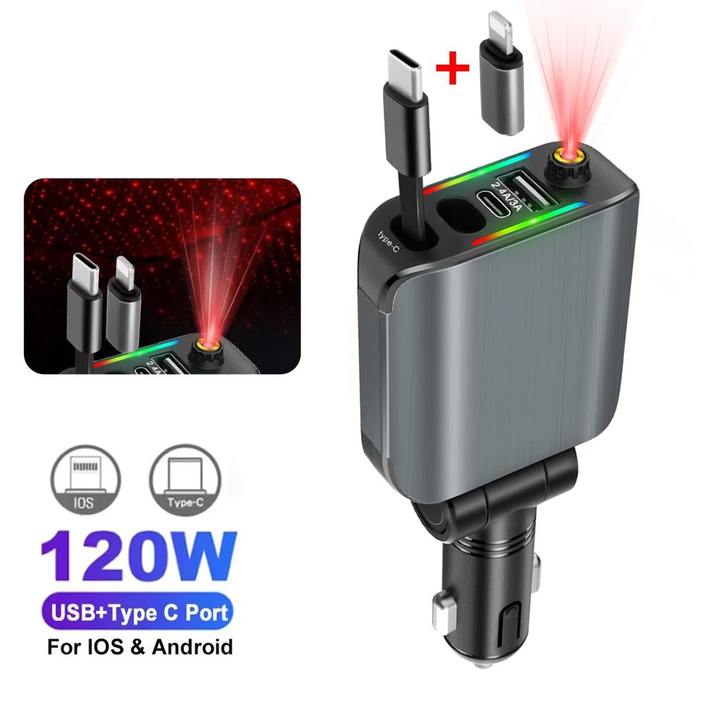 180W Car Fast Charger USB Type-C Power Adapter Retractable Phone Charger With Roof Starlight For IOS Android Phones
