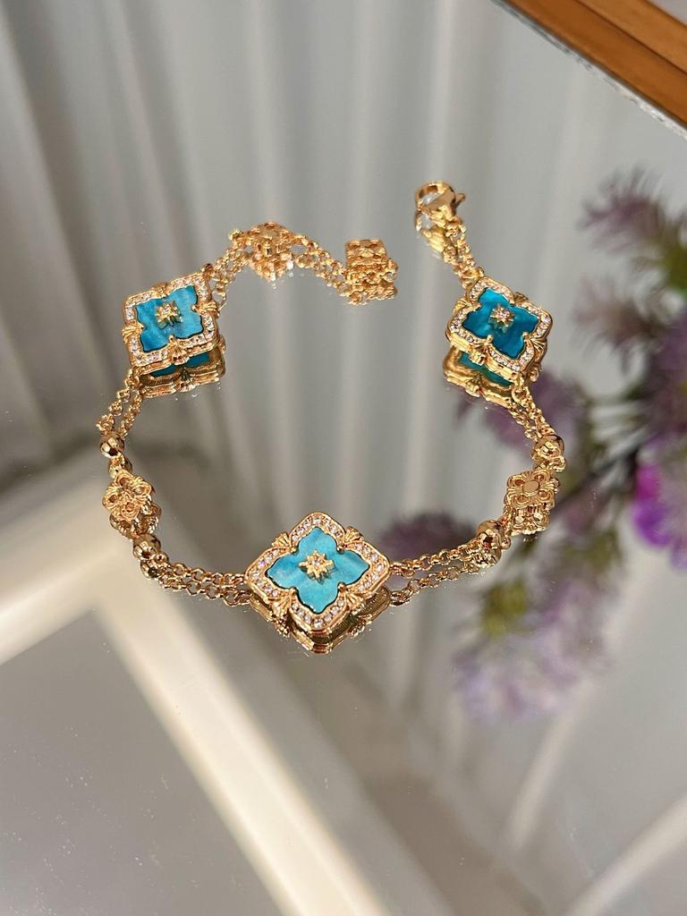 Italienisches Gebürstetes Wasserwellen Blaues Halsketten Armband Set Vielseitige Retro Hof Vierblättriges Kleeblatt Ohrringe