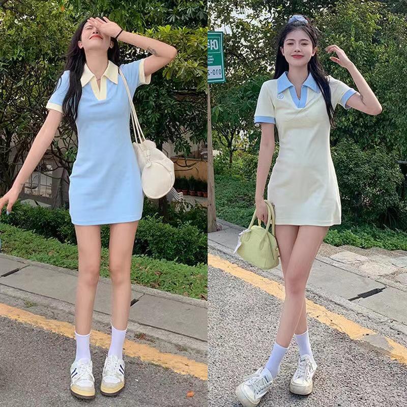 

Платье-поло в корейском стиле с цветными блоками и воротником-поло Slim Fit — Лето 2024 г. L абрикосовый