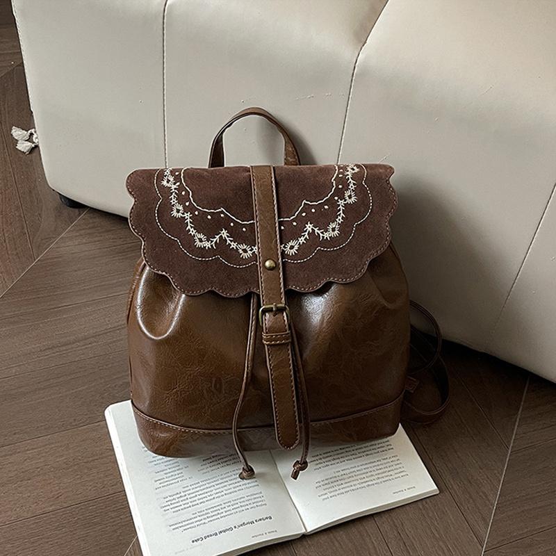 

Yogodlns Embroidery School Bag New Mochila Fashionable Backpack Vintage College Style Shoulder Bags for Women Travel 25x11x26cm коричневый