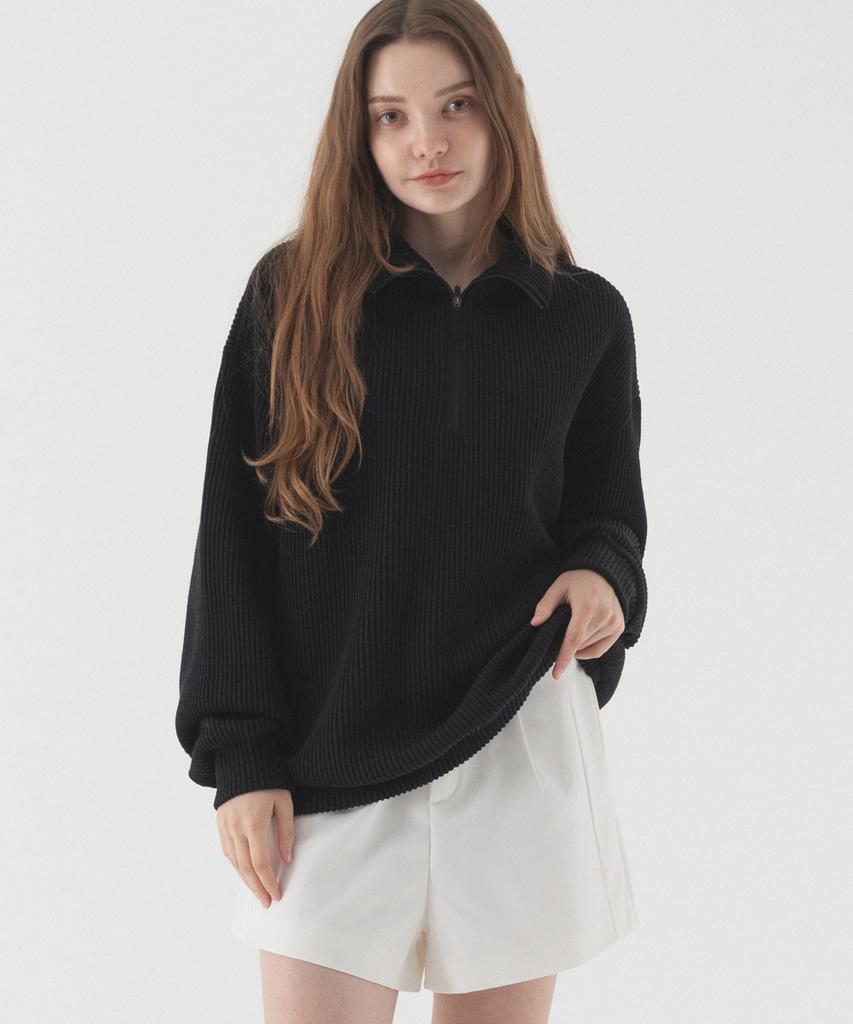 PIANER Comfortable Oversized Half-Zip Collared Knit (Black)