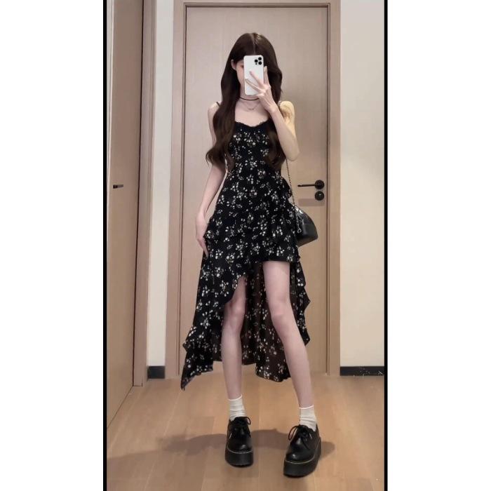 Black floral ruffle irregular dress women's summer French public design sense vacation style suspender dress