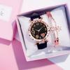 Ladies Diamond Dial Leather Strap Quartz Watch Women's Bracelet Bracelet Set