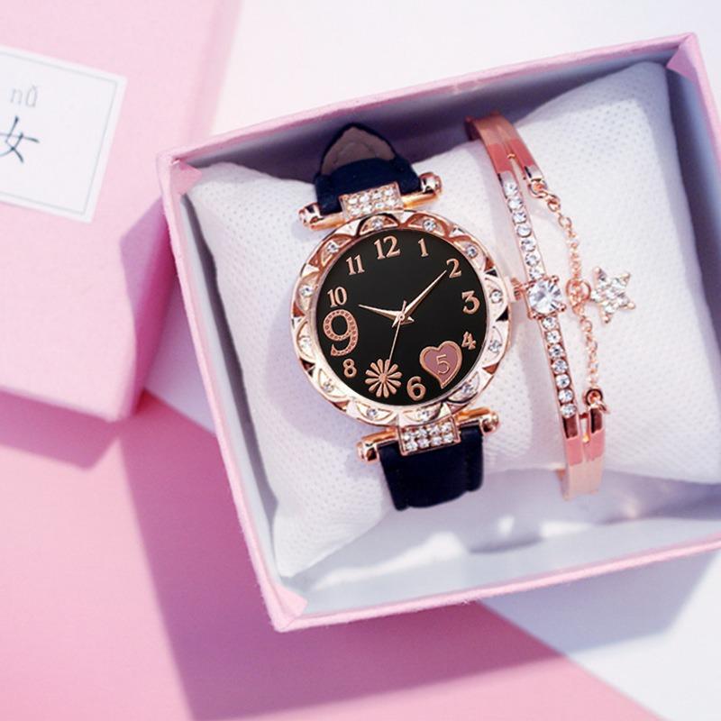 Ladies Diamond Dial Leather Strap Quartz Watch Women's Bracelet Bracelet Set