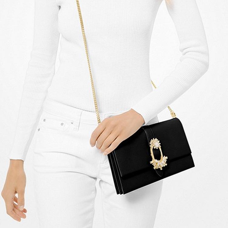 Michael Kors Mk Cece Letter Logo Flap Closure Solid Color Flower Buckle Leather Envelope Shoulder Bag Large Women bags Black 32H9G0EC7U-001
