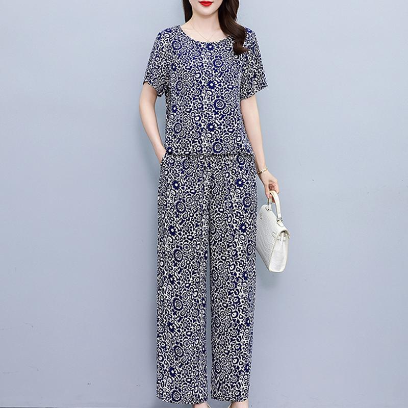 Plus Size Sommer-Vintage-Druck-Hosen-Sets mit weitem Bein, lässig, elegant, lockere Sets für Damen, 2-teilig