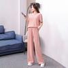 Qianye Women's Autumn Pajama Set – Pleated Short Sleeve Top & Long Pants with Embroidered Letter.