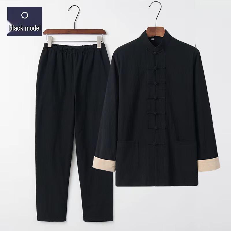 Men's Retro Embroidered Tang Suit Set - Cotton & Linen Long Sleeves for Spring/Autumn Zen Meditation