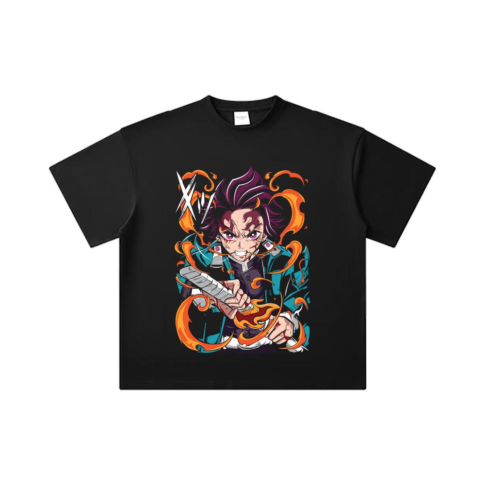 260 GSM Double Yarn 32 Count 100% Cotton Demon Slayer V64 Tanjiro Fire Breathing Print Unisex Heavy Cotton T Shirt