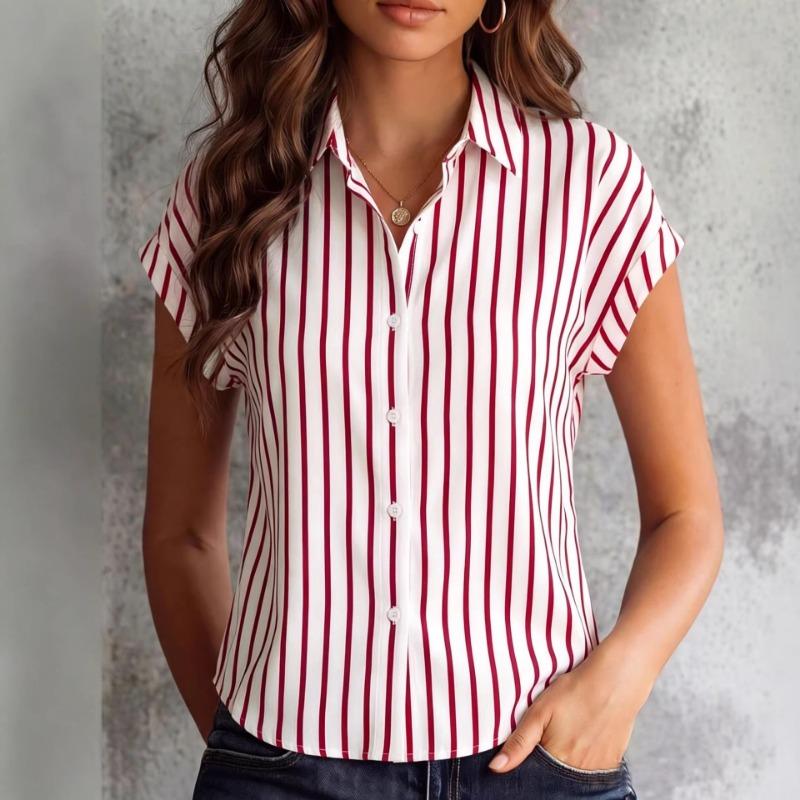 Damen S Gestreiftes Kurzarm Hemd mit Knöpfen Sommer Lässige Bluse