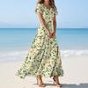 Women's Summer Casual Fashion Flower Prints Dresses V-Neck Short Sleeve Dresses