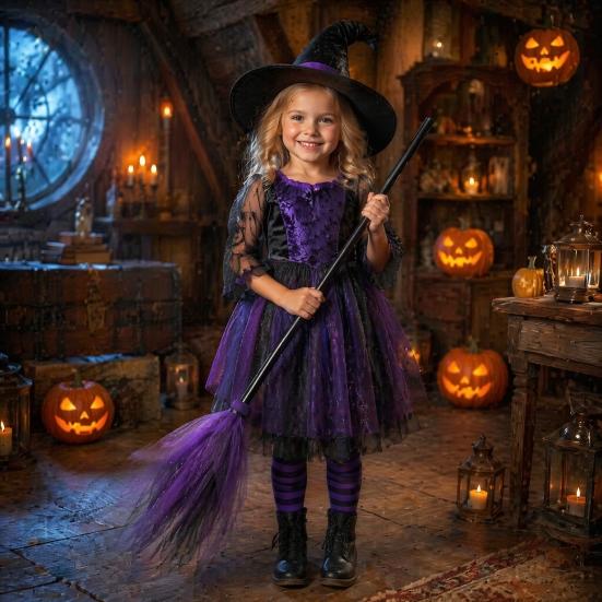 Party Photo Booth Props Halloween Witch Broom Prop, Detachable Mesh Wizard Broomstick for Spooky Costume Accessory Cosplay Stage Performance,