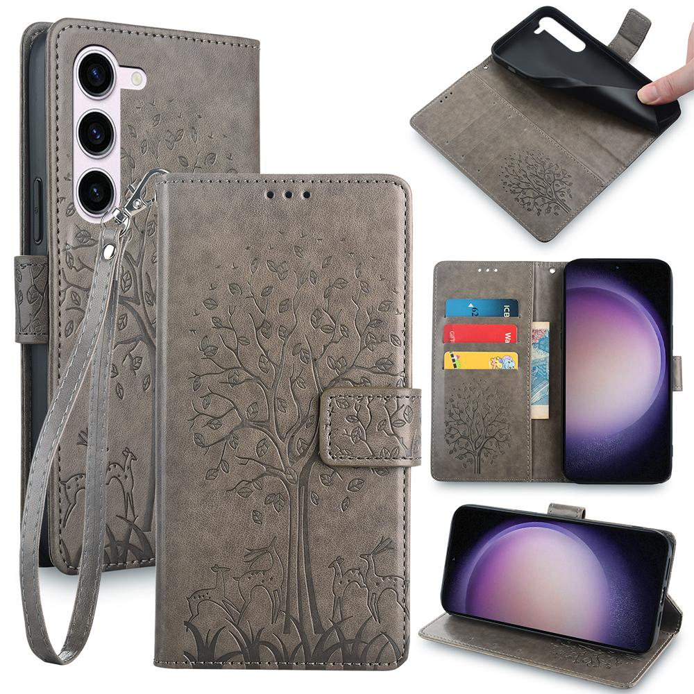 For Samsung Galaxy S23 Phone Case Imprinted Deer Tree Pattern 3 Card Slots Anti-drop Cover