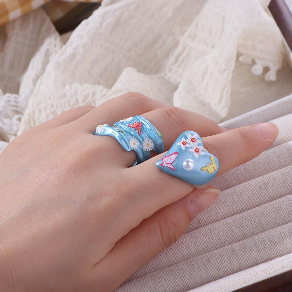 Daisy Enamel Flower Ring Open Ring Irregular Enamel Ring Cute Heart Ring  Women