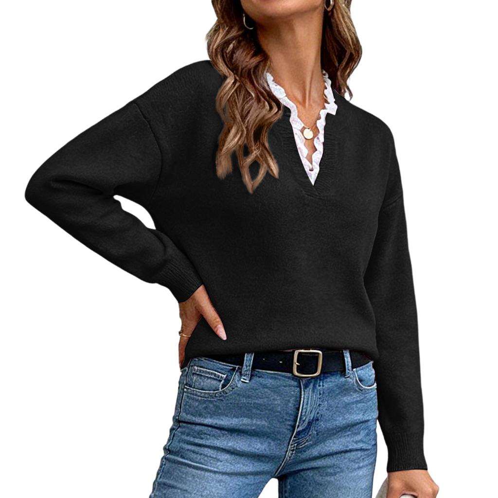 Ladies' Fashion Lace Lace V-neck Sweater Color Loose Long Sleeve Women's Knitted Sweater