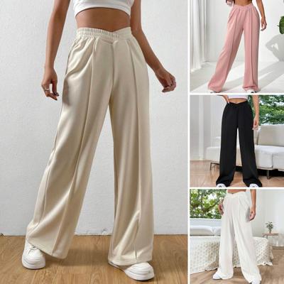 Damenhose, V-förmig, elastisch, hohe Taille, gerade, weites Bein, lange Hose, einfarbig