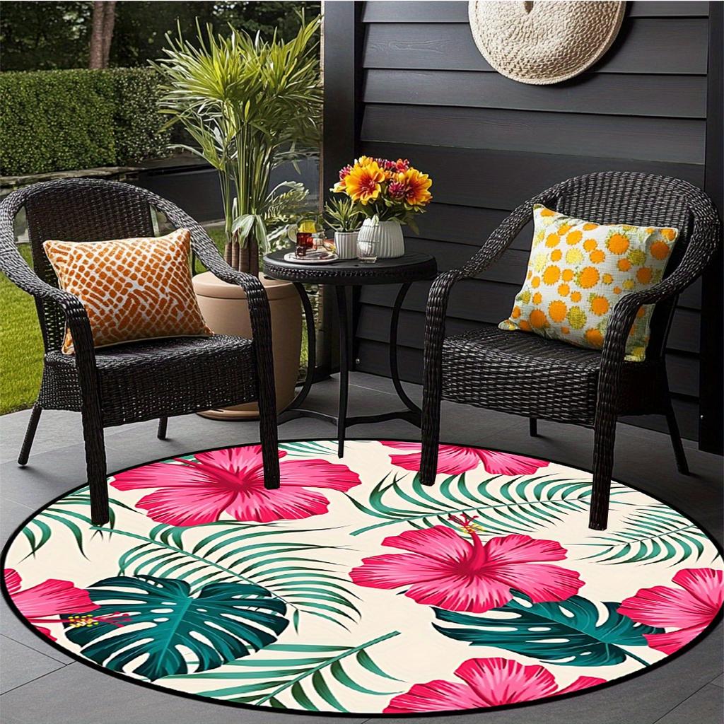 1pc round tropical floral rug, polyester, washable, fade-resistant, machine-made, perfect for living room, dining room, bedroom