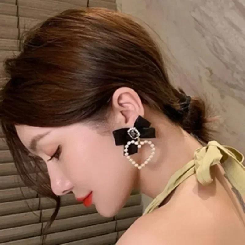 Women Cute Fashion Black Bowknot Square Crystal Zircon Drop Earrings Elegant Pearl Heart Creative Gifts Accessories Decor