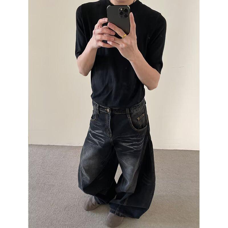 JYL Men's Jeans American Whisker Washed Curved High Street Drape Denim