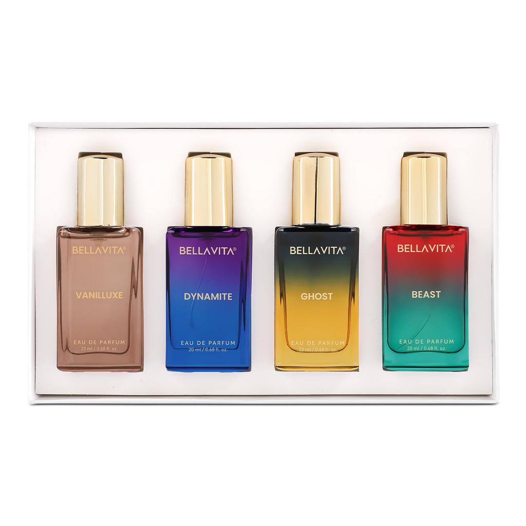 BELLAVITA Parfumuri Magice 4x20ml | Set Cadou Parfum EDP de Lungă Durată pentru Bărbat și Femeie | Vanilie, Caramel & Mosc | Parfum Floral, Picant Premium