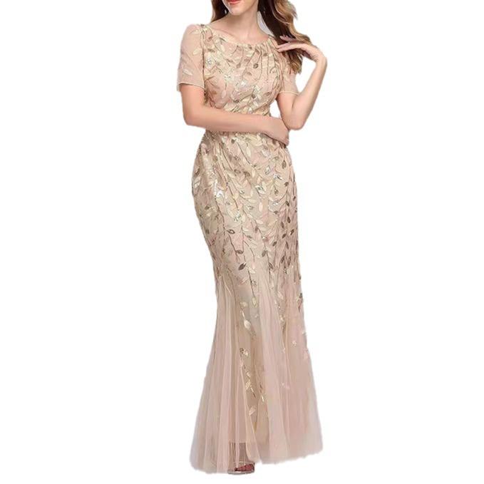 Evening dress new banquet host European and American slim mesh sequin evening dress fishtail dress women