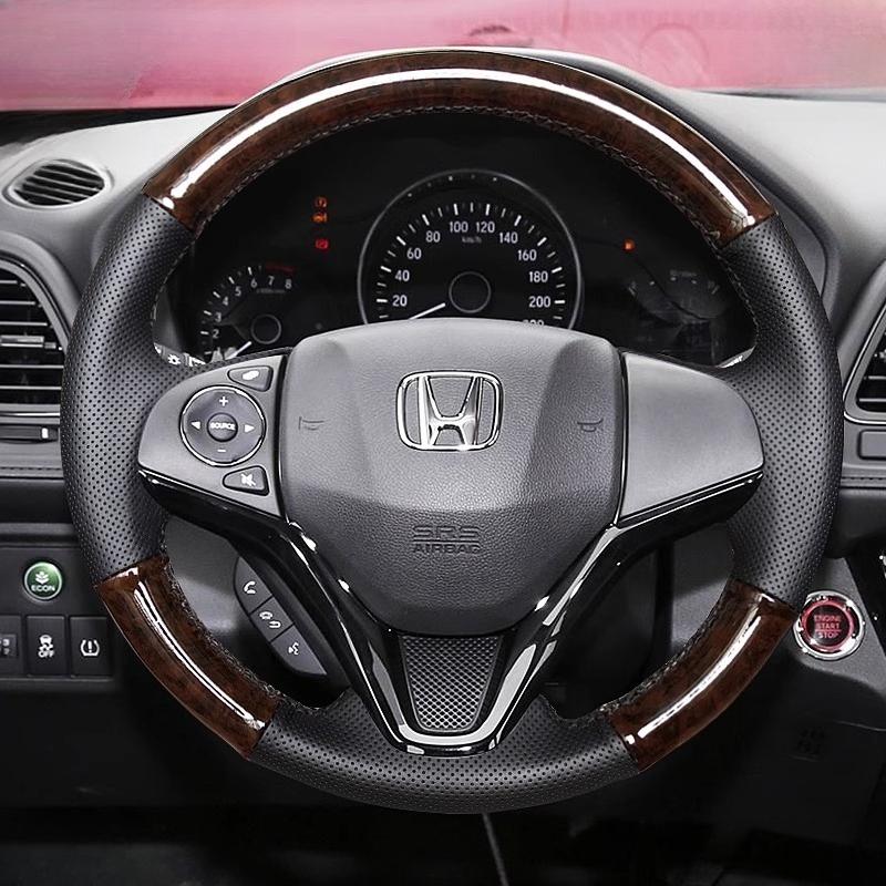 For Honda Fit City Jazz HRV HR-V 2016 Vezel 2015-2017 Hand-stitched Peach Wood Grain  Leather Car Steering Wheel Cover
