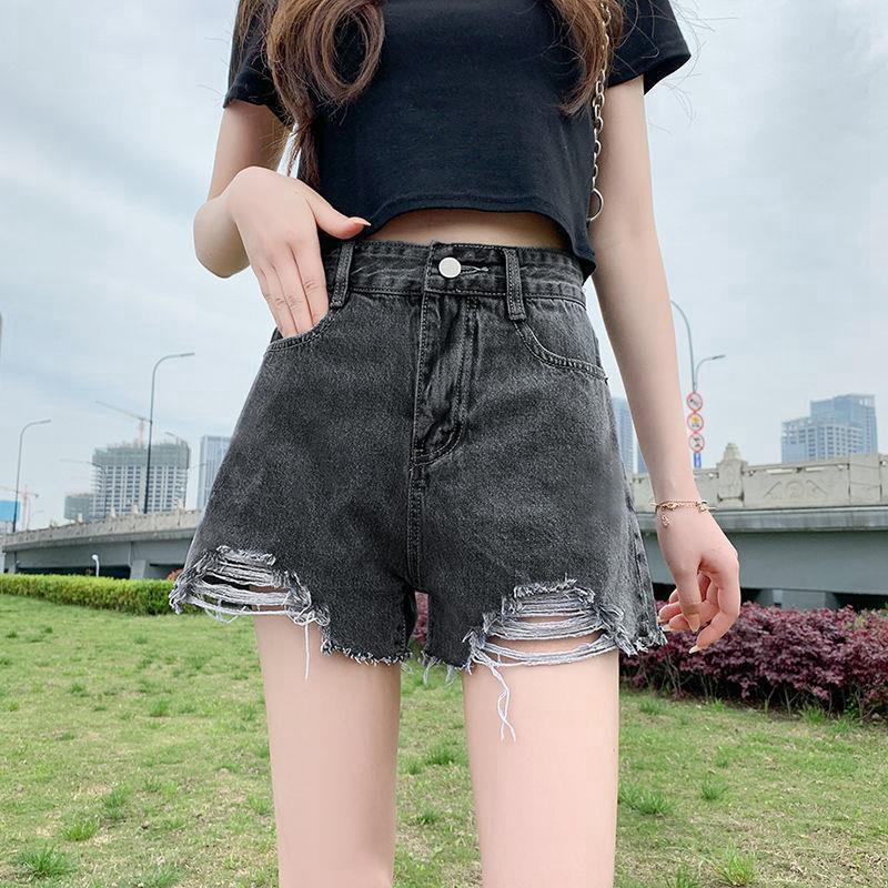 Pants Classic and Minimalist Fashion Versatile Black Broken Holes Burlap Thin Section A Word High Waist Loose Wide Leg Shorts Female Denim Shorts