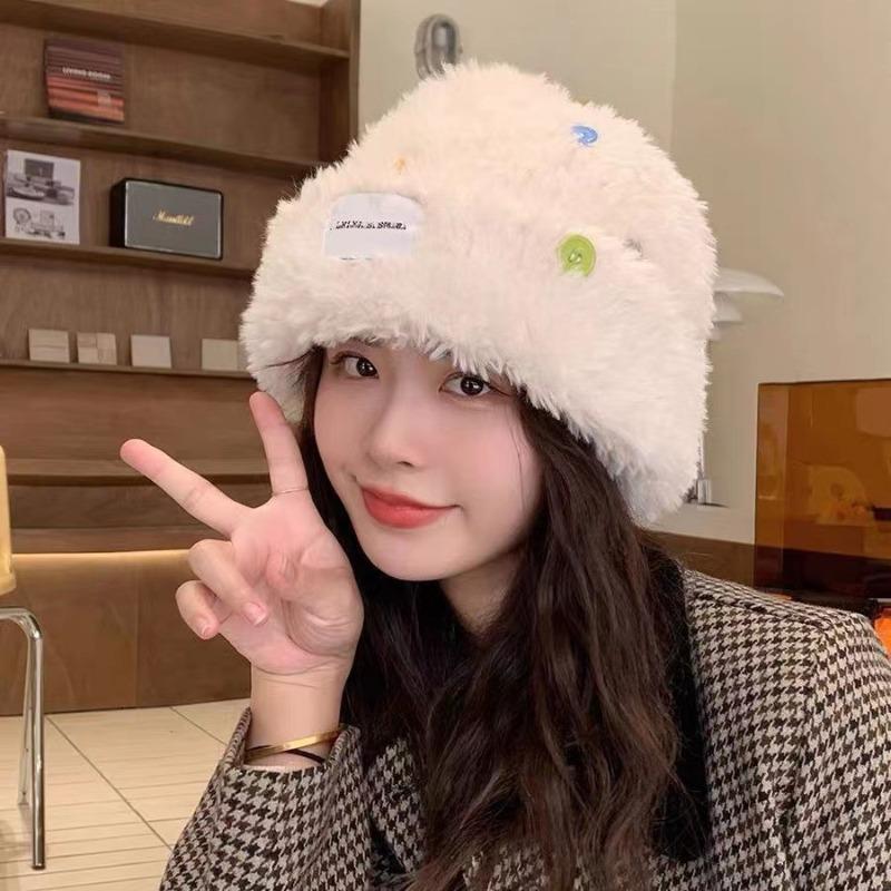 Knitted hat children's winter button wool hat striped small face plush warm thickened large head circumference ear protector winter hat